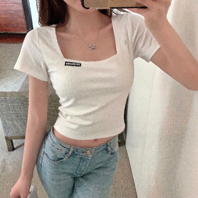 Áo Cổ Vuông Logo Croptop Thun Tăm - A2TT