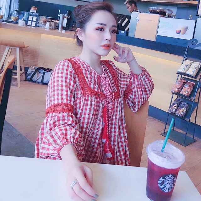 [HCM]Đầm caro viền ren đỏ (KÈM HÌNH THẬT)