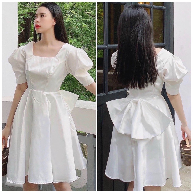 [HCM]Đầm trắng cổ vuông nơ sau (kèm hình thật)