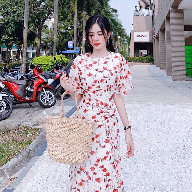 [HCM]Đầm hoa đỏ tùng rút dây (kèm hình thật)