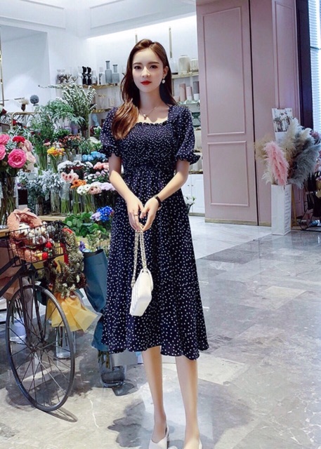 [HCM]Đầm bi xanh rối cổ U (kèm hình thật)