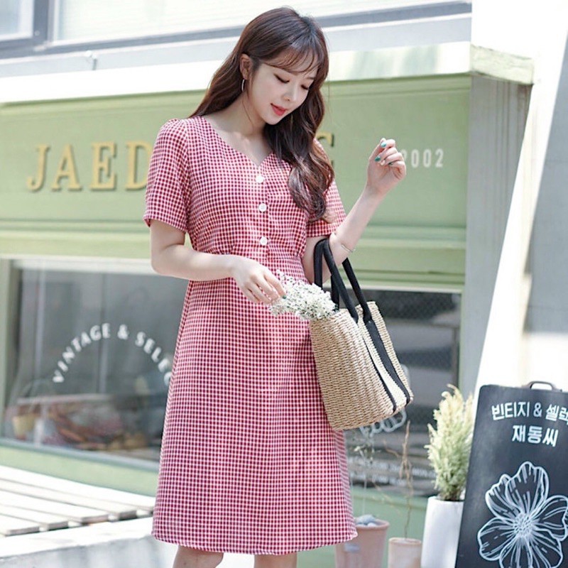 [HCM]Đầm caro đỏ nút trắng (kèm hình thật)