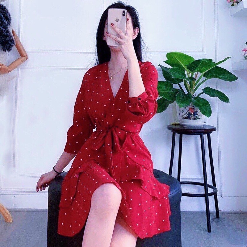 [HCM][Mã FATHANG5 giảm 10K đơn 50K] Đầm bi đỏ tầng cột eo (kèm hình thật)