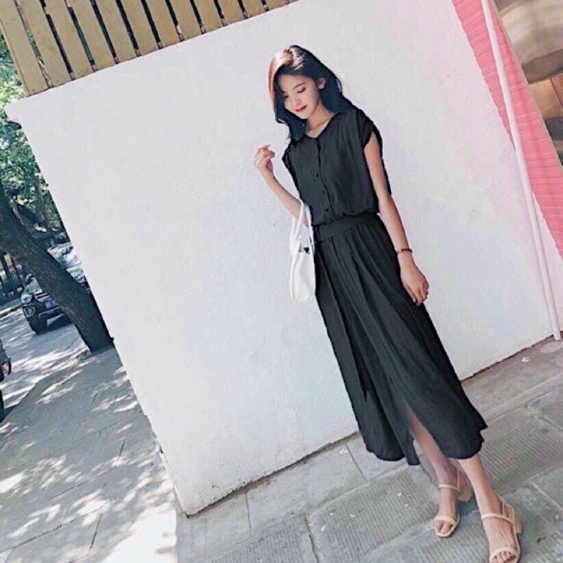 [HCM]Đầm đen cổ trụ kèm belt (kèm hình thật)