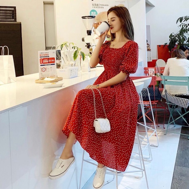 [HCM]Đầm bi rối cổ U 2 màu (kèm hình thật)
