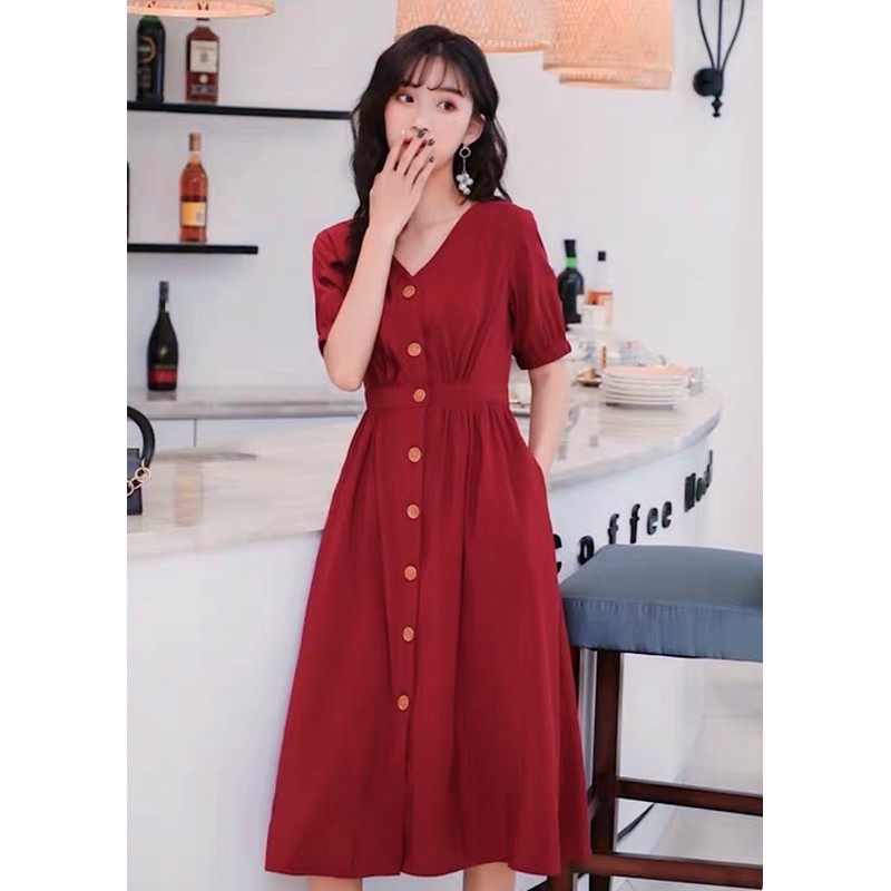 [HCM]Đầm đỏ cổ V form dài (kèm hình thật)