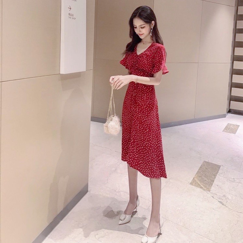 [HCM]Đầm bi đỏ form dài rút cổ (kèm hình thật)