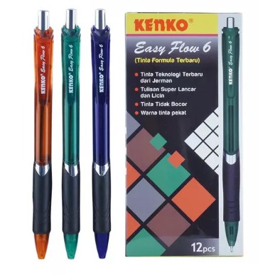 KENKO BALLPEN EASY FLOW 6 Black Retractable Random Color Paket 12 buah ...