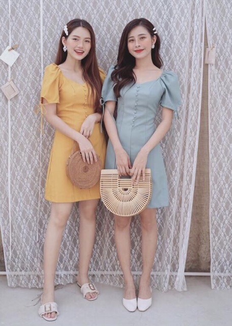 [HCM]Đầm nút bọc tay nơ 2 màu (kèm hình thật)