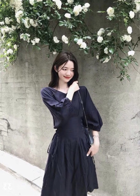 Đầm đen tay lỡ đan dây eo (kèm hình thật)