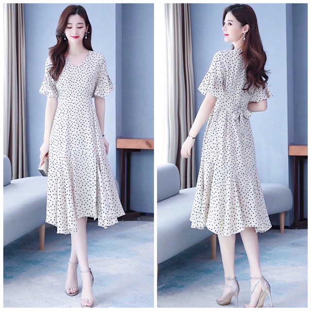 [HCM]Đầm bi trắng đuôi cá thắt eo (kèm hình thật)