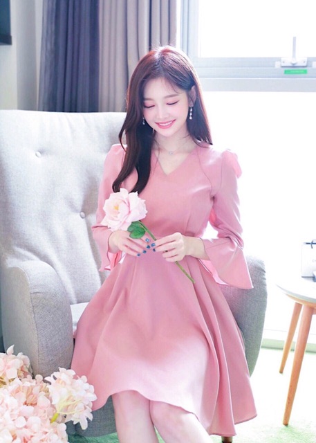 [HCM]Đầm hồng tay loa thắt nơ (kèm hình thật)