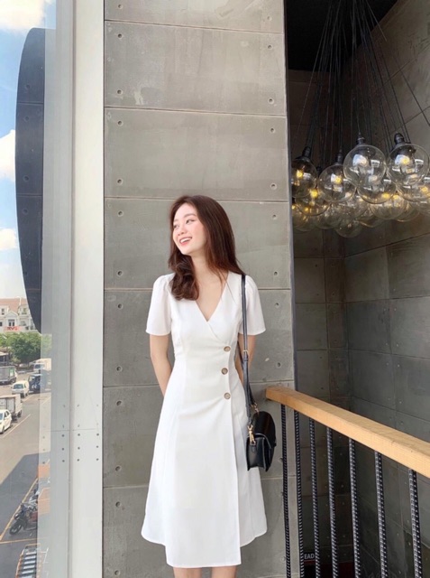 [HCM]Đầm cổ V nút dừa 3 màu (kèm hình thật)