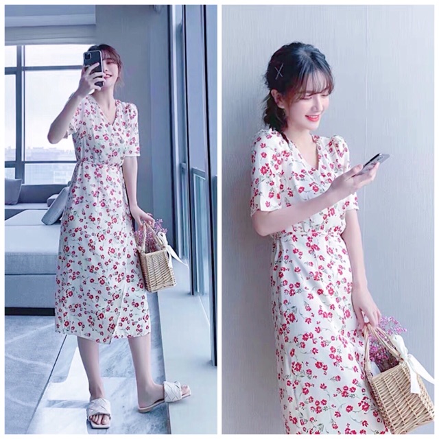 Đầm hoa đỏ xẻ tà