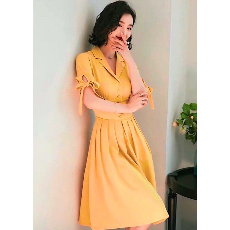 [HCM]Đầm sm vàng nghệ nút bọc (kèm hình thật)