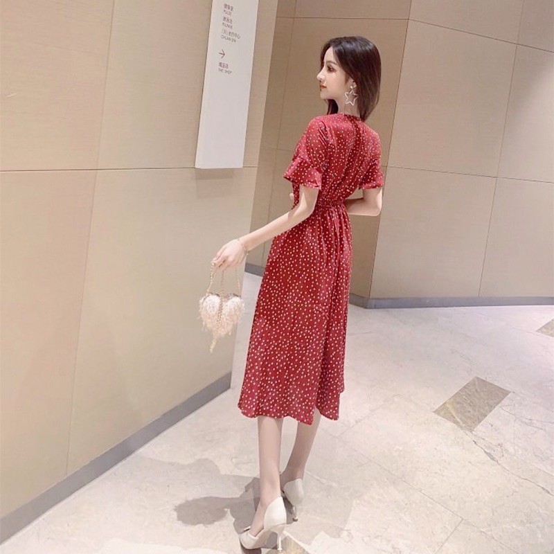 [HCM]Đầm bi đỏ form dài rút cổ (kèm hình thật)