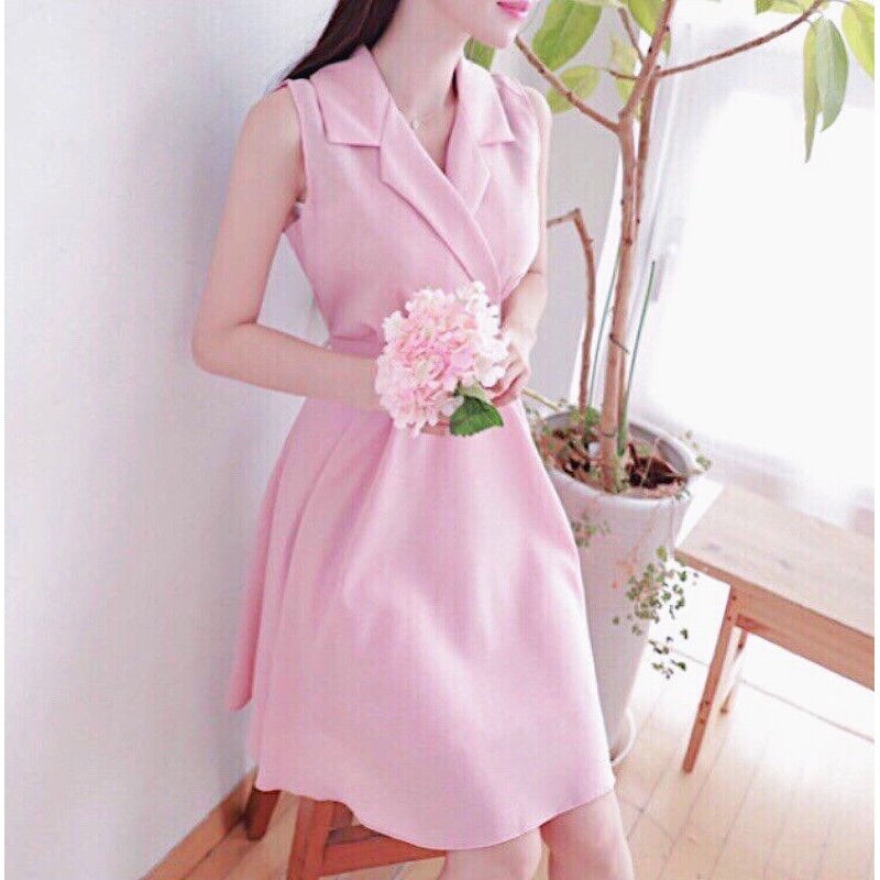 Đầm hồng xoè cổ vest (kèm hình thật)