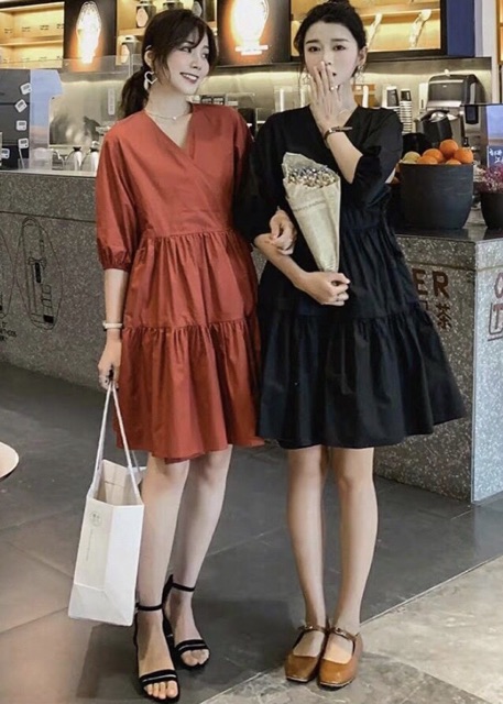 [HCM]Đầm cổ V tay lỡ 2 màu (kèm hình thật)
