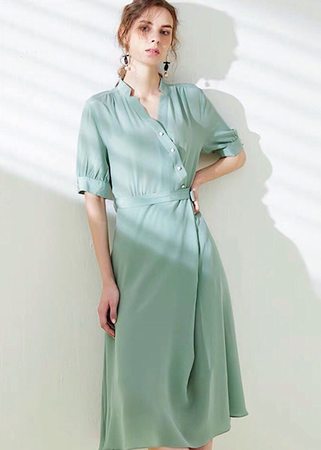 Đầm mint nút xéo (kèm hình thật)