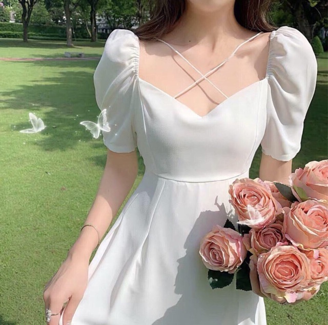[HCM]Đầm trắng chéo dây form dài (kèm hình thật)