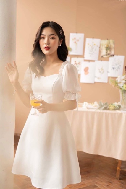 [HCM]Đầm trắng tay bo v2 (kèm hình thật)