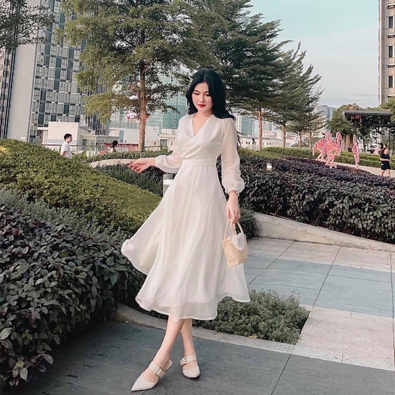 [HCM]Đầm trắng cổ V form dài thắt eo