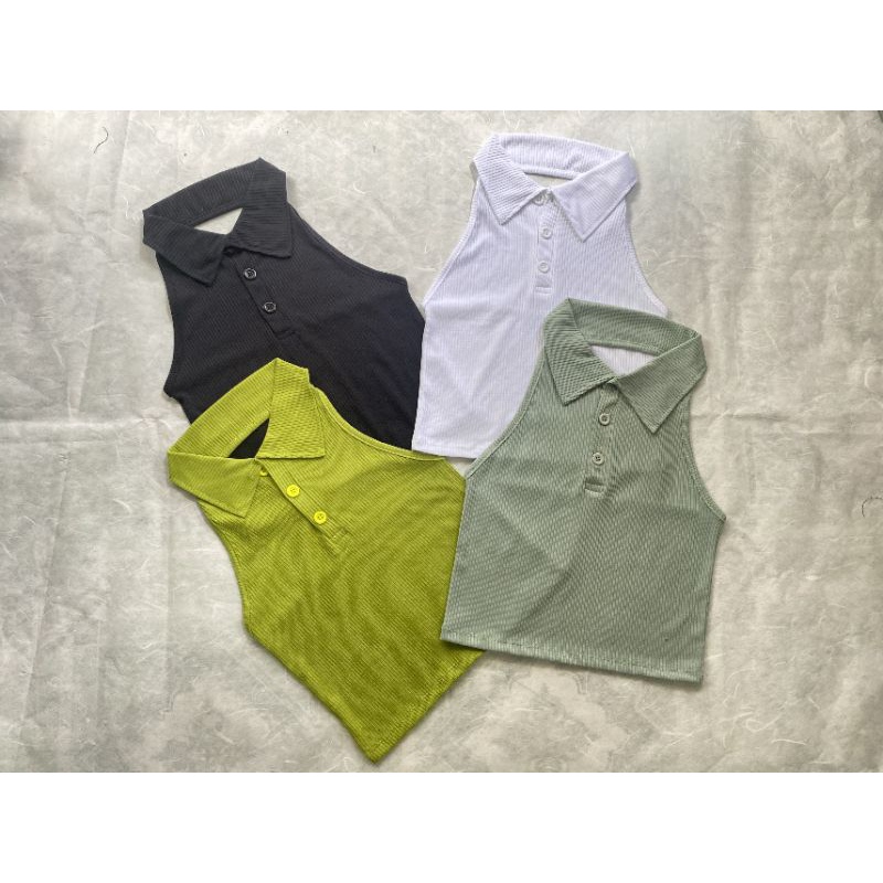 Áo croptop ba lỗ cổ bẻ cúc thật a3 - Khoét lưng