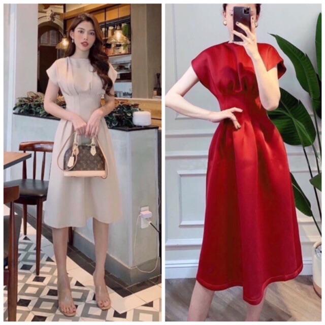 [HCM]Đầm đỏ tay con xếp li eo (kèm hình thật)