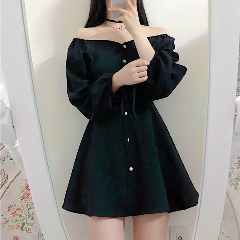 [HCM]Đầm đen nút tròn tay dài