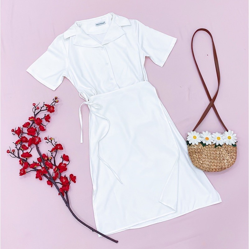 [HCM]Đầm trắng cổ vest đắp tà (kèm hình thật)