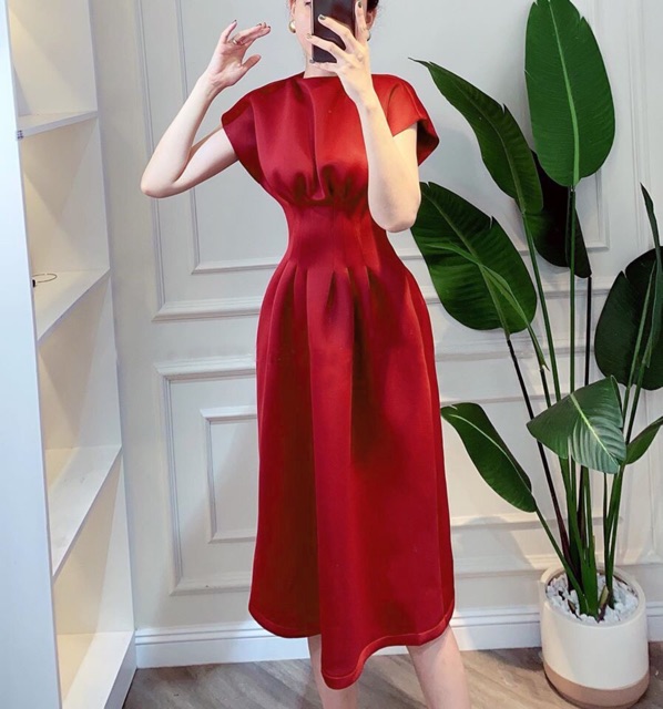 [HCM]Đầm đỏ tay con xếp li eo (kèm hình thật)