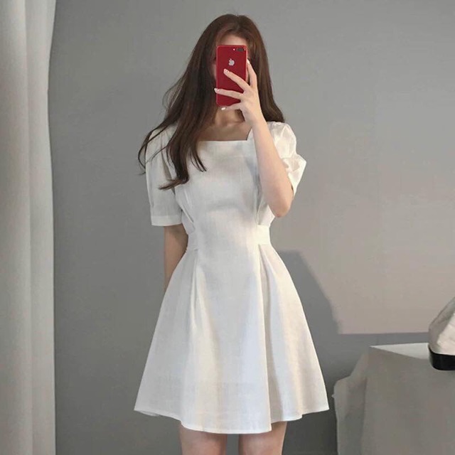 [HCM]Đầm cổ U thắt nơ 2 màu (kèm hình thật)