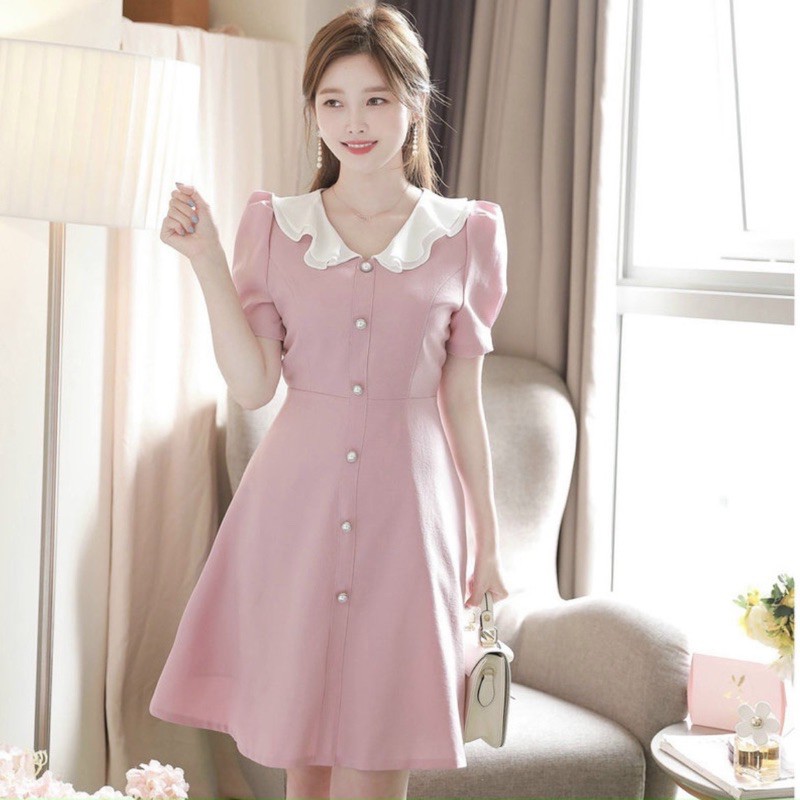 [HCM]Đầm hồng cổ trắng nút ngọc