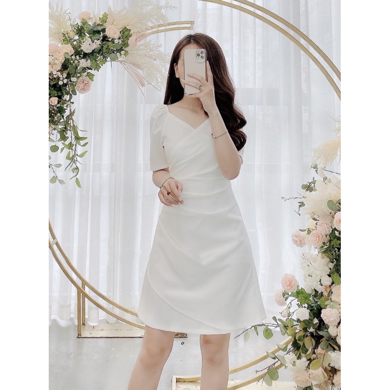 Đầm cổ v xếp li eo 3 màu