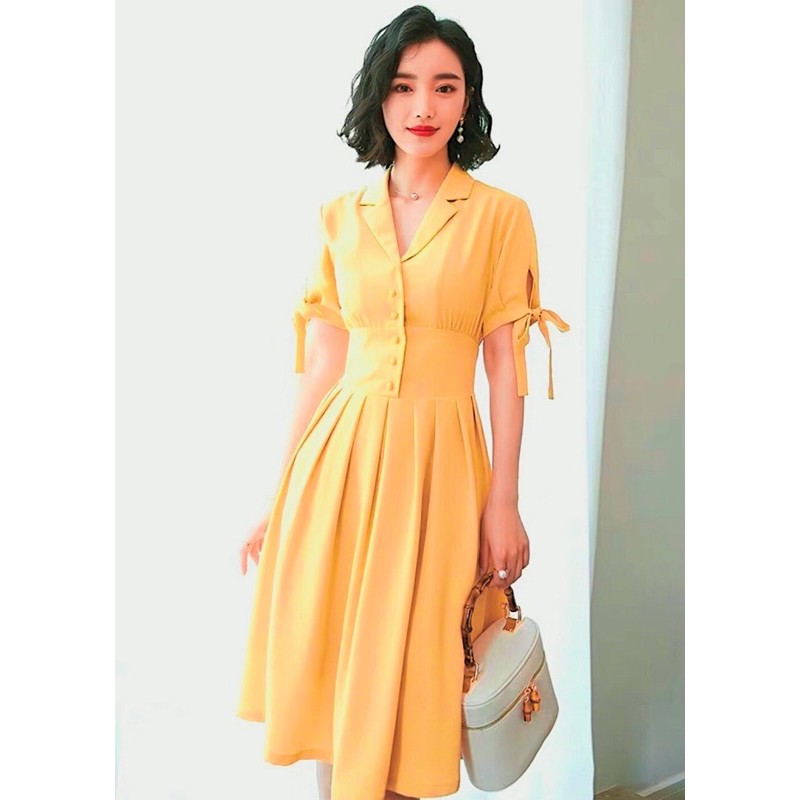[HCM]Đầm sm vàng nghệ nút bọc (kèm hình thật)