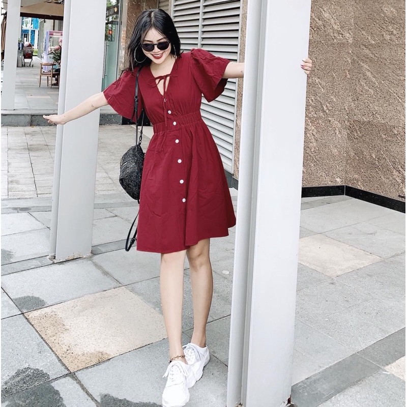 [HCM]Đầm đỏ nút trắng (kèm hình thật)