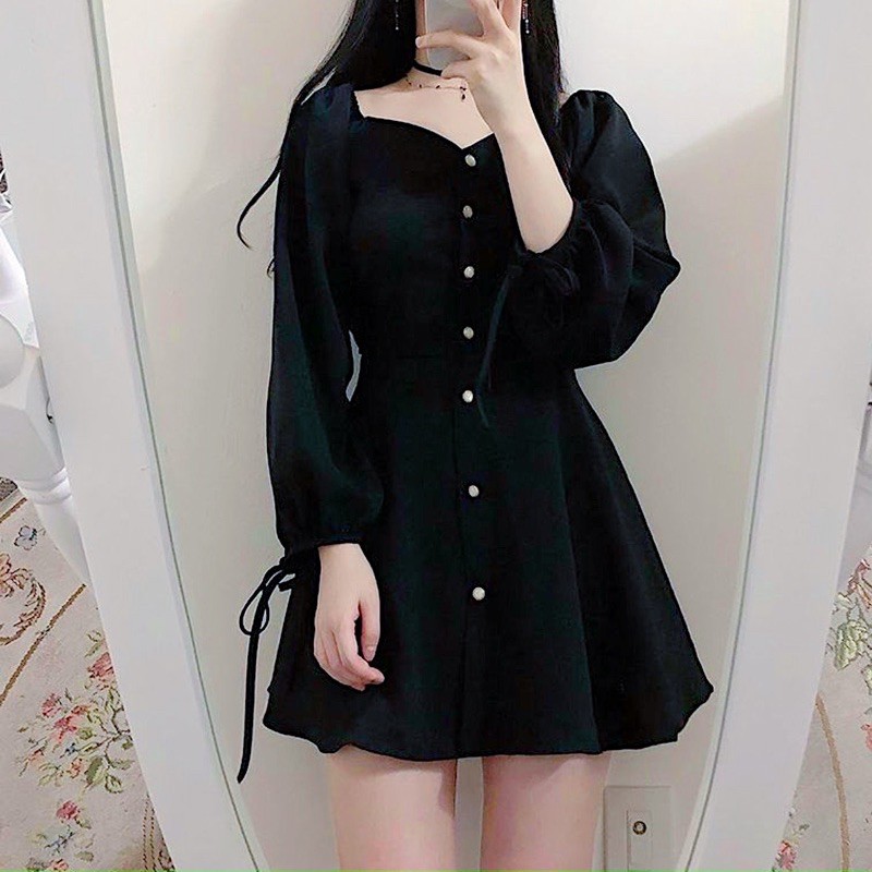 [HCM]Đầm đen nút tròn tay dài