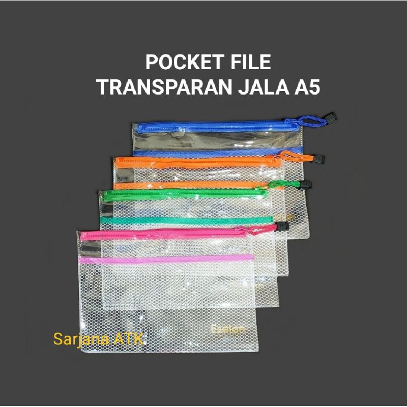 Map Plastik Pocket File Zipper Ukuran A5 Transparan Jala Eselon