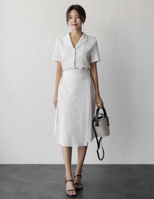 [HCM]Đầm trắng cổ vest đắp tà (kèm hình thật)