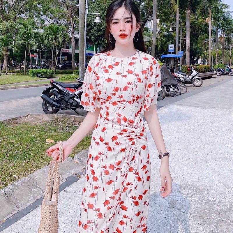 [HCM]Đầm hoa đỏ tùng rút dây (kèm hình thật)