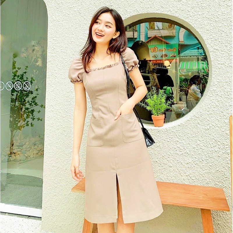 Đầm kem cổ vuông 2 túi