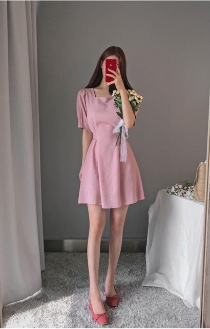 [HCM]Đầm cổ U thắt nơ 2 màu (kèm hình thật)