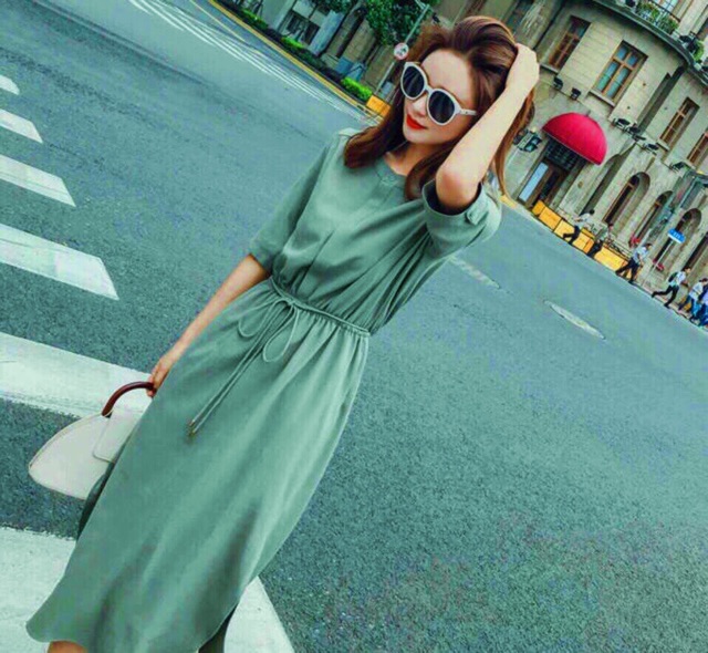 [HCM]Đầm cổ trụ rêu thắt eo (kèm hình thật)