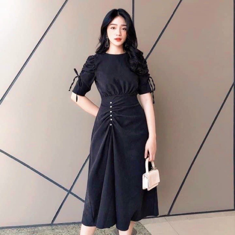 [HCM]Đầm đen tay rút nút trắng (kèm hình thật)