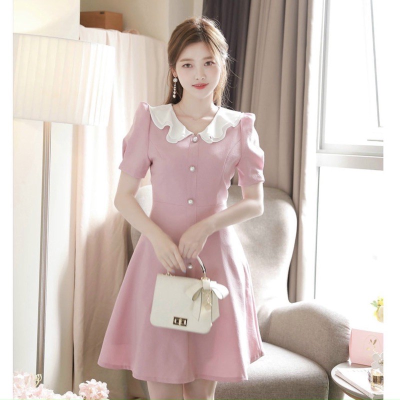 [HCM]Đầm hồng cổ trắng nút ngọc