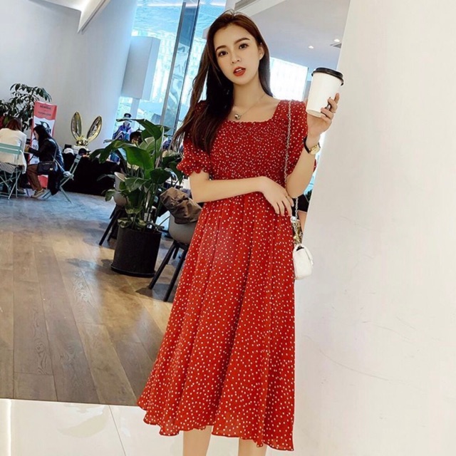 [HCM]Đầm bi rối cổ U 2 màu (kèm hình thật)