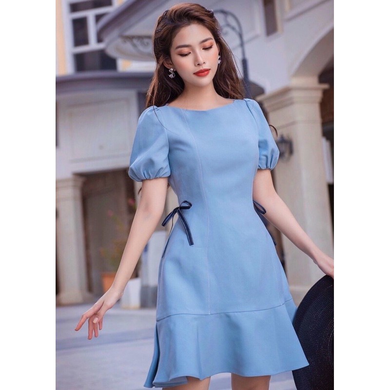 [HCM]Đầm xanh xám nơ eo (kèm hình thật)