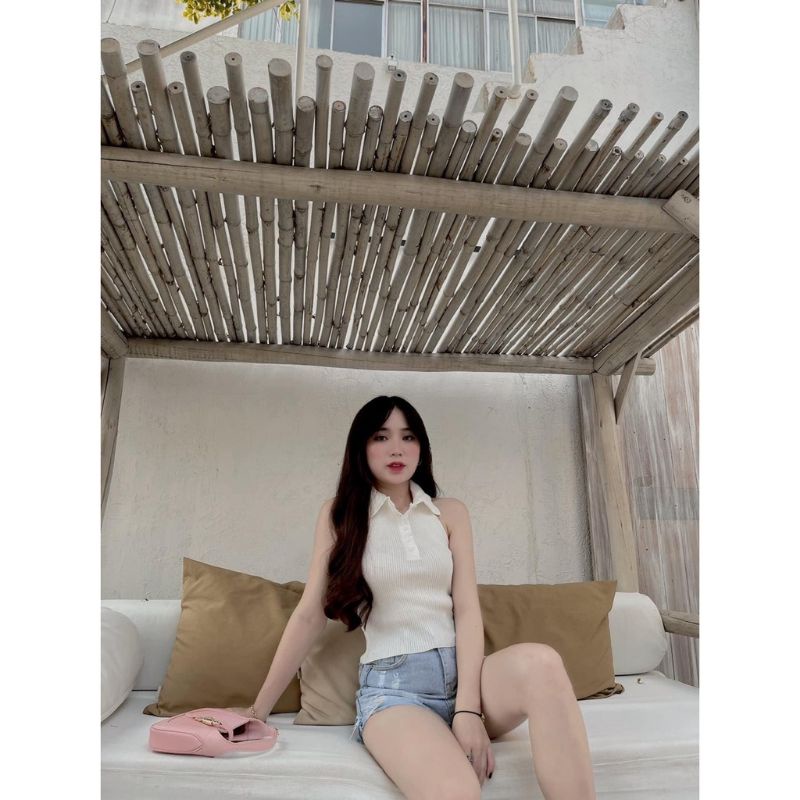 Áo croptop ba lỗ cổ bẻ cúc thật a3 - Khoét lưng