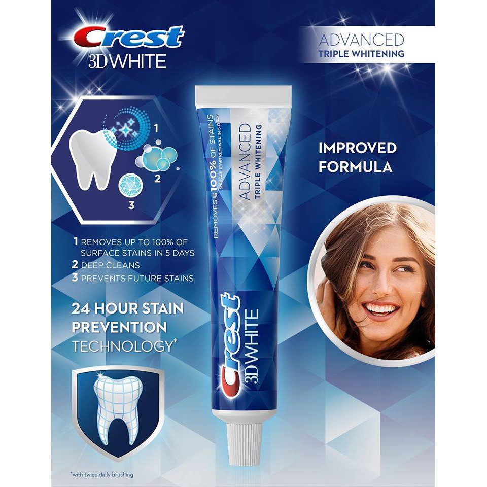 [HÀNG CHUẨN CHẤT LƯỢNG] KEM ĐÁNH RĂNG CREST 3D WHITE ADVANCED TRẮNG RĂNG VƯỢT TRỘI 147Gr - MỸ