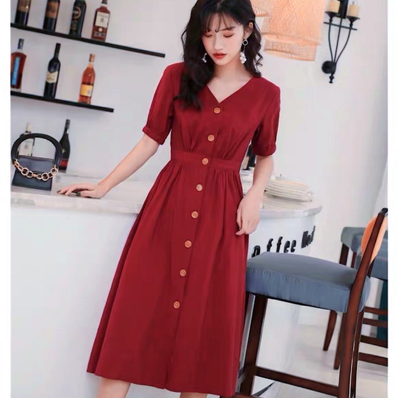[HCM]Đầm đỏ cổ V form dài (kèm hình thật)